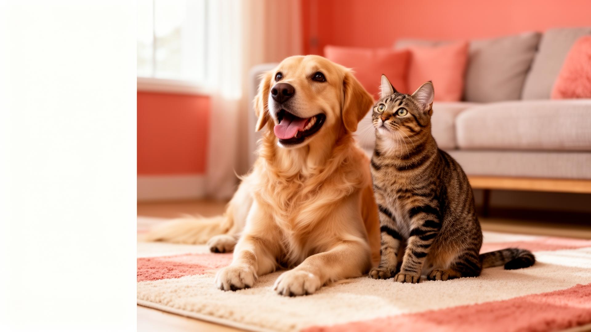 A happy golden retriever and tabby cat together on a cozy living room rug